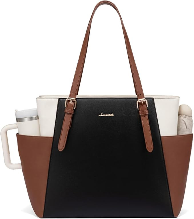 LOVEVOOK Laptop Tote Bag for Women With Large Cup Holder, Leather Work Tote Bag for Women,15.6 In... | Amazon (US)