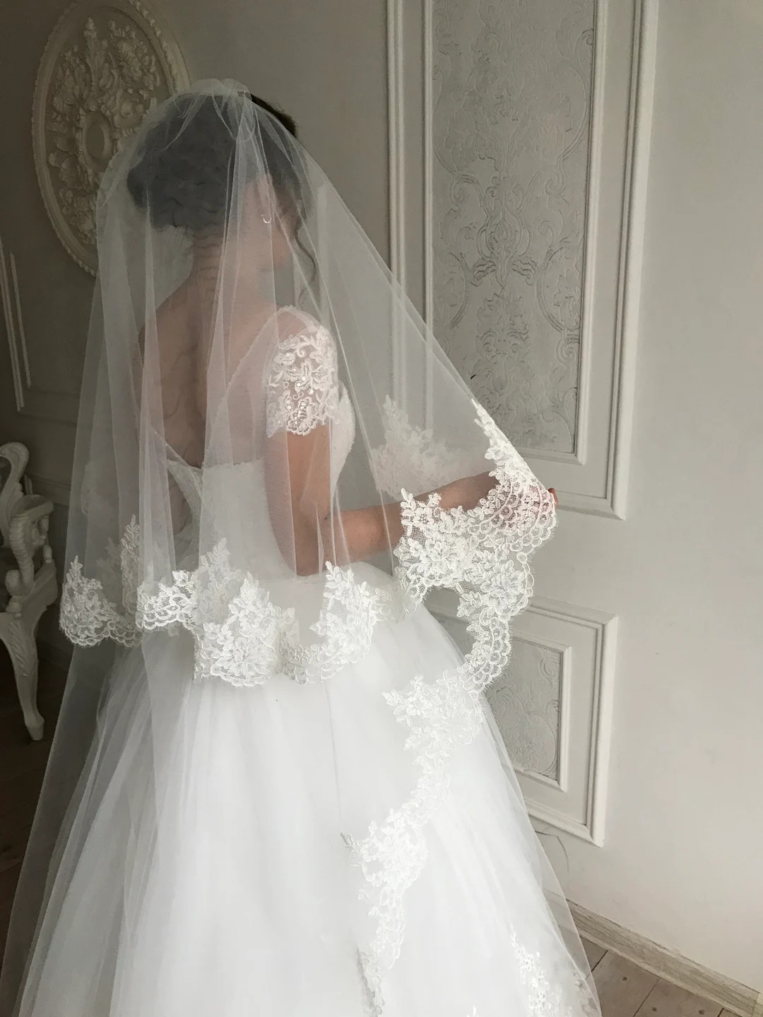 Cathedral Wedding Veil Lace Wedding Veil Lace Trim Bridal Veil 2 Tires Fingertip Double Tiers Vei... | Etsy (US)