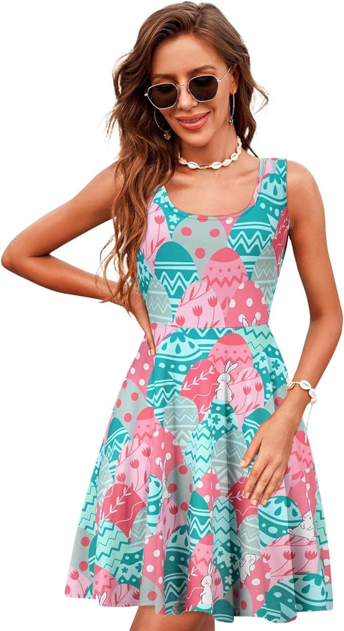 uideazone Women's Sleeveless Scoop Neck Summer Beach Casual Midi A Line Dress | Amazon (US)