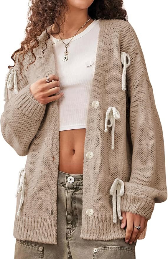 LTSCNRM Womens Knitted Cardigan Long Sleeve Open Front Knitwear Tops Casual V-Neck Button Down Bo... | Amazon (US)