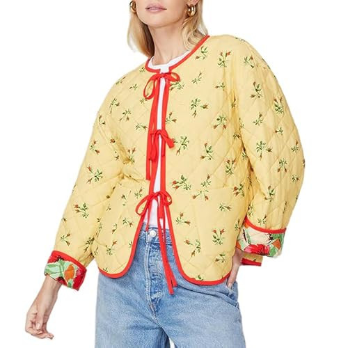 Women Floral Quilted Jacket Y2k Tie Front Padded Coat Boho Lightweight Puffer Cardigan Fall Winter Outwear(E Yellow,l) | Amazon (US)