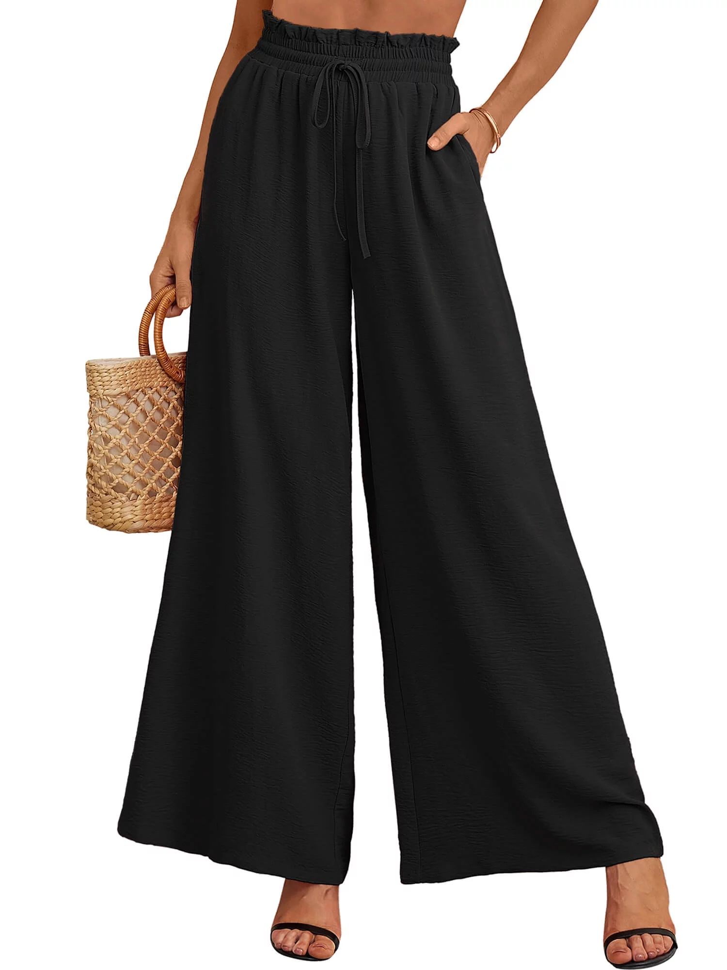 SHOWMALL Women's Pants Casual Elastic Waist Wide Leg Pants Black S Palazzo Pants with Pockets | Walmart (US)