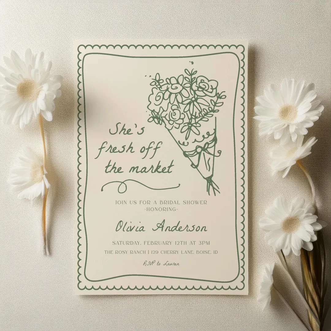 Fresh off the Market Bridal Shower Invitation Template | Editable Green Hand Drawn Farmer's Marke... | Etsy (US)