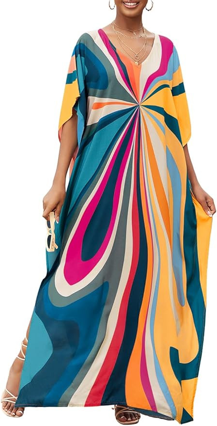 Bsubseach Kaftan Dresses for Women V Neck Batwing Sleeve Plus Size Caftans Swimwear Coverups Maxi... | Amazon (US)