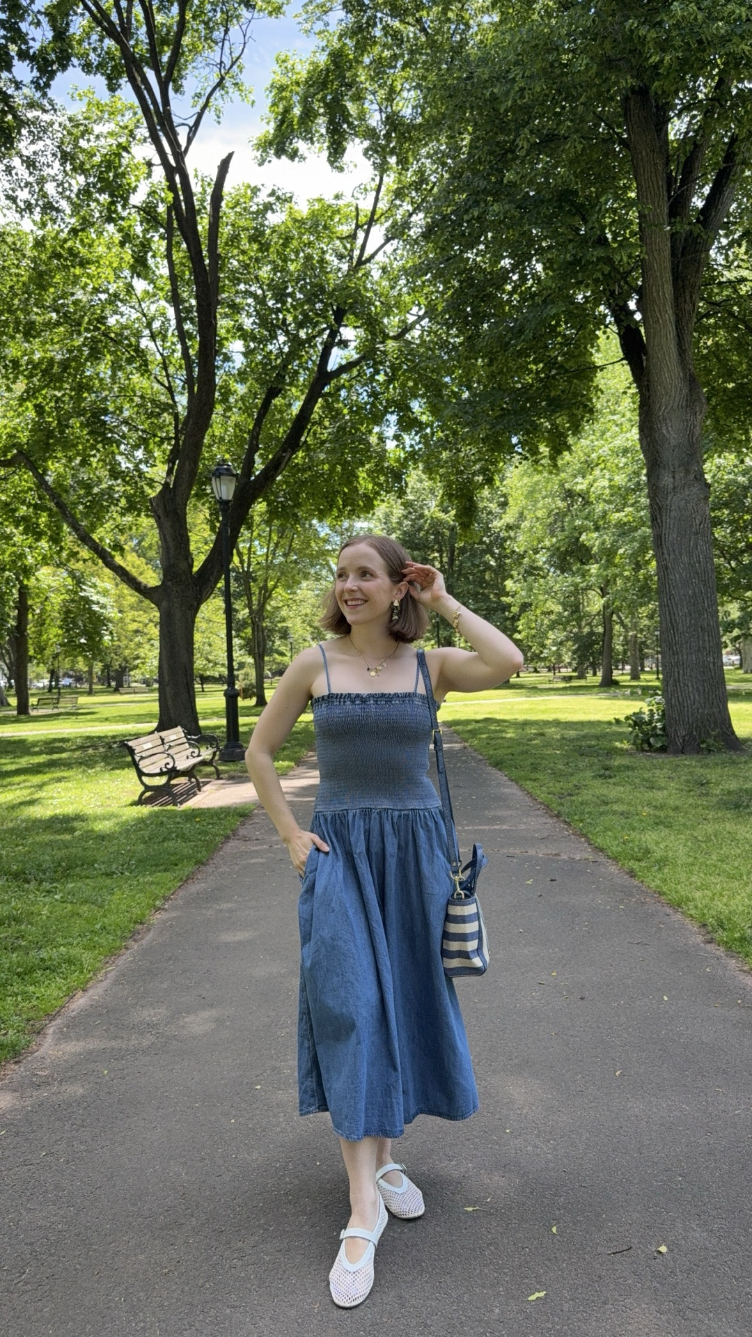 Loft denim smocked dress with pockets 
Wearing xs petite 50% off + free shipping

#LTKootd