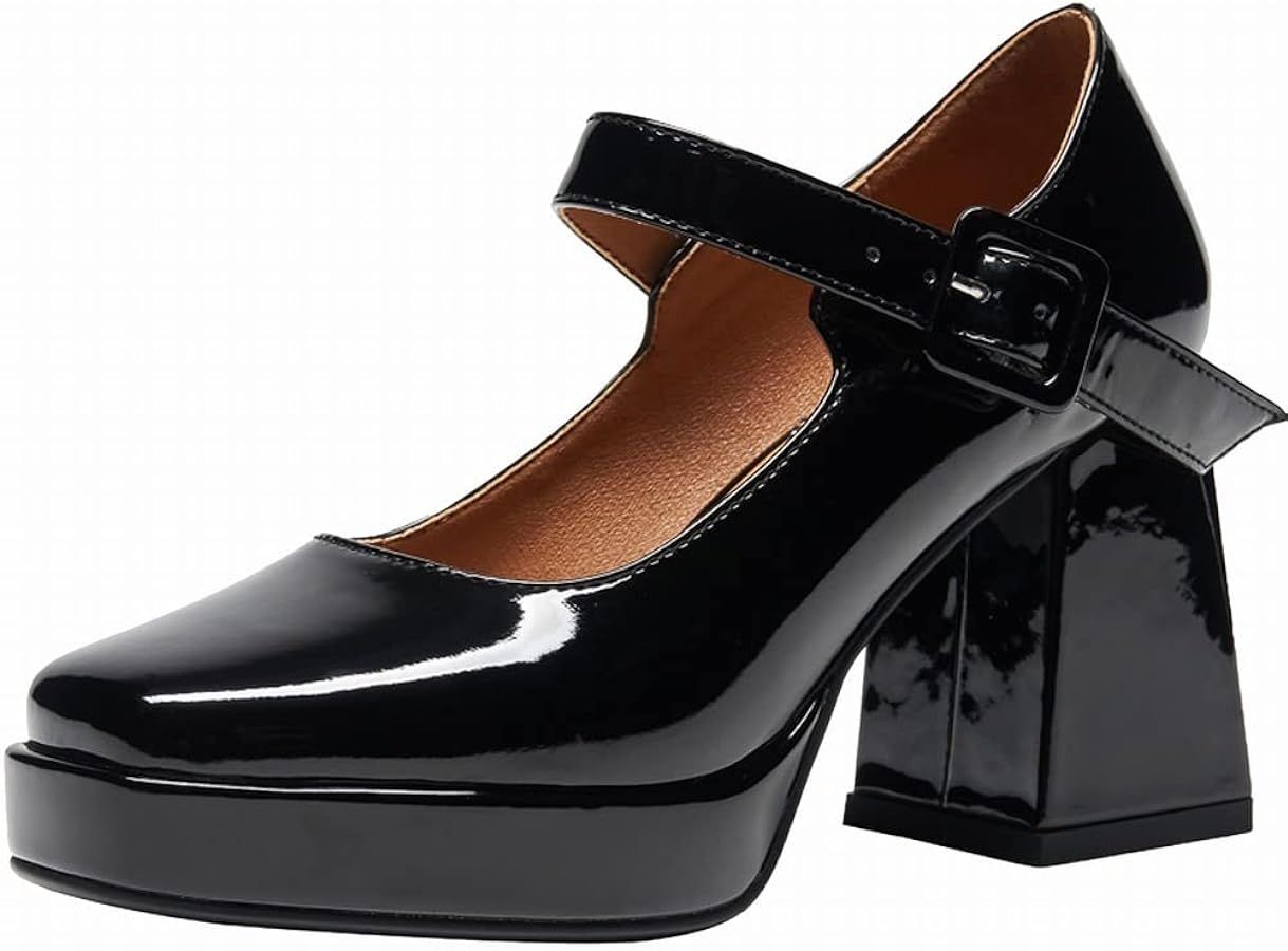 Latasa Women's Platform Chunky Heels Square Toe Block Heel Mary Janes Pumps Shoes | Amazon (US)