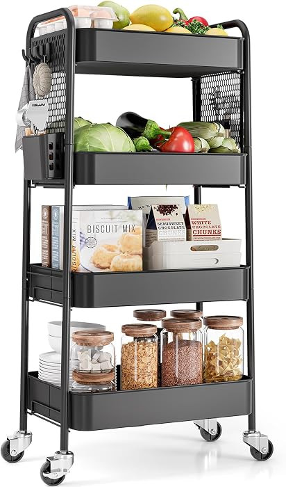 TOOLF 4 Tier Rolling Cart, Metal Utility Storage Cart with Pegboard, Black | Amazon (US)