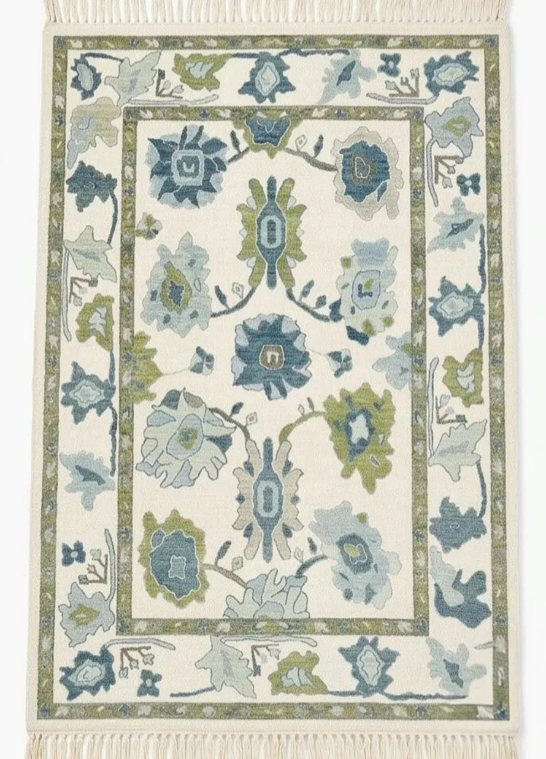 Hand Knotted Wool Floral Rug, Blue Green Ivory Vintage Style Area Carpet | Etsy (US)