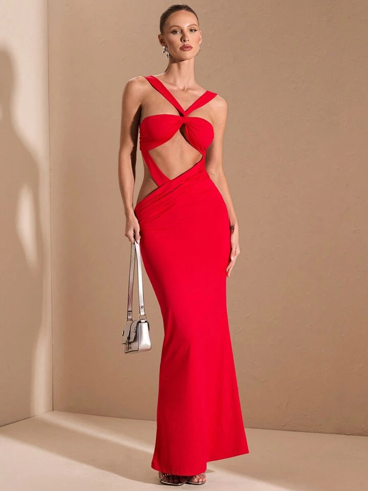 SHEIN BAE Solid Red Long Knitted Sexy Elegant Simple Strappy Hollow-Out Open Back Dress, Suitable... | SHEIN