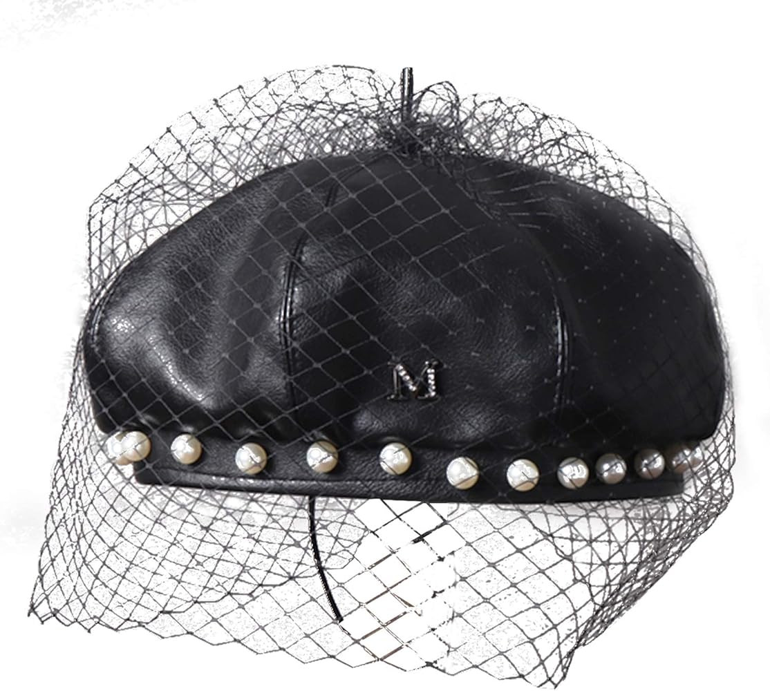 Beret Hat, Leather beret, French retro beret, unique design, Fashion match, pearl lace decoration... | Amazon (US)