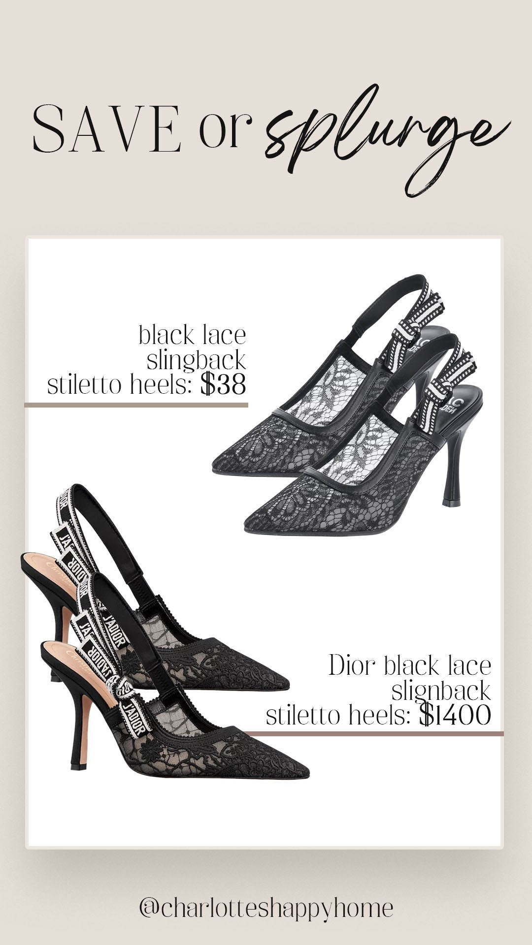 Save or splurge?! Found an under $40 lookalike to these classic Dior heels - and for the $100+ Steve Madden pair too! 

These are the perfect holiday heels!

#saveorsplurge

Holiday heels. Walmart fashion. Dior heels. Black lace slingback heels  



#LTKShoeCrush #LTKStyleTip #LTKHoliday