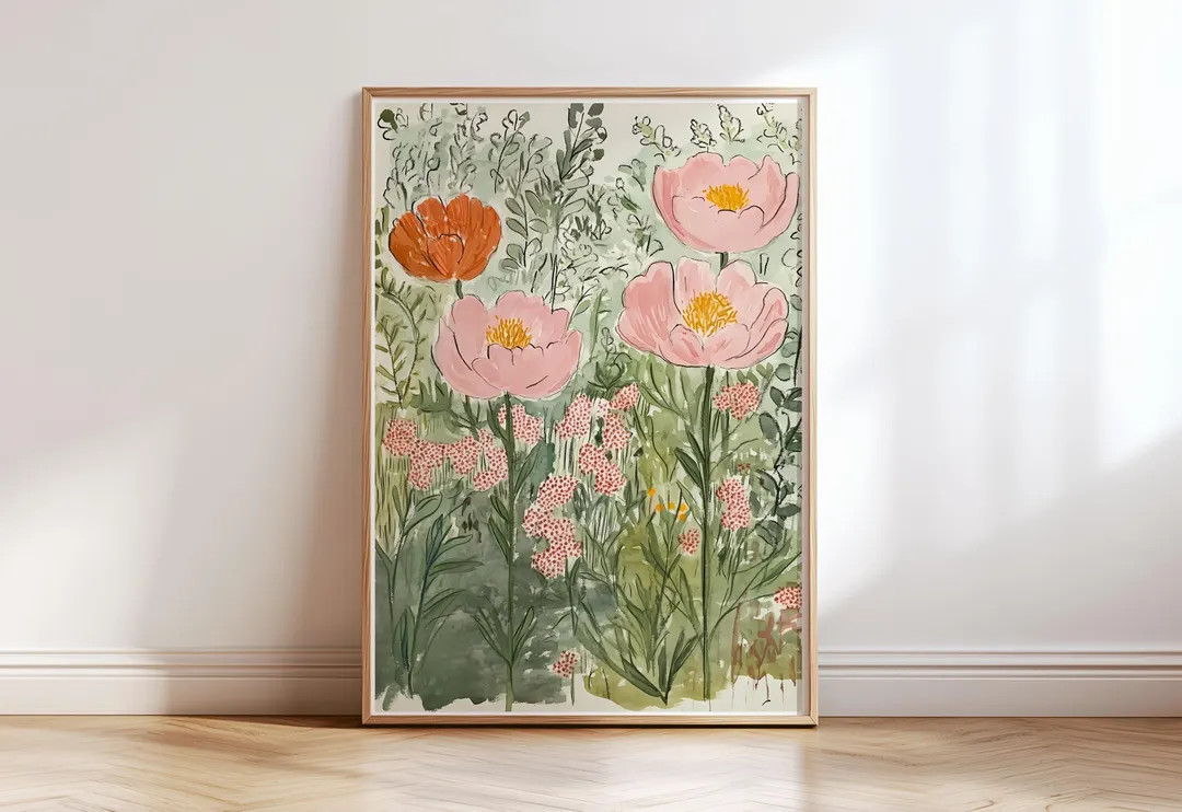 Summer Flowers Field Print, Pink Green Modern Floral Painting, Eclectic Peonies Printable Wall Ar... | Etsy (US)
