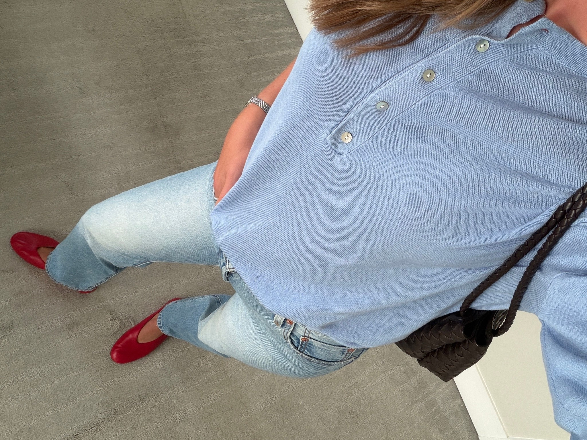 Henley sweater, selvedge denim, red ballet flats

#LTKootd