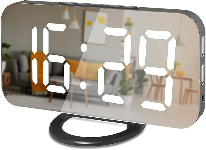 JIMEJV Digital Alarm Clock, 6.5" LED Mirror Electronic Clocks with Snooze & 2 USB Charger Ports, ... | Amazon (US)