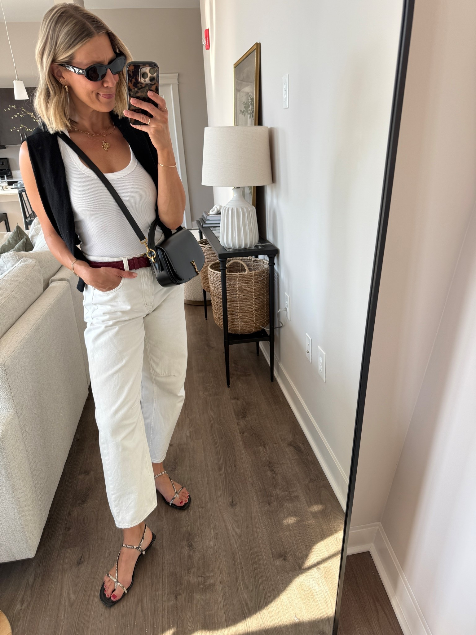 Wearing 24/regular jeans (run big, sized down 2), small tank, small cardigan, small belt, sandals tts 