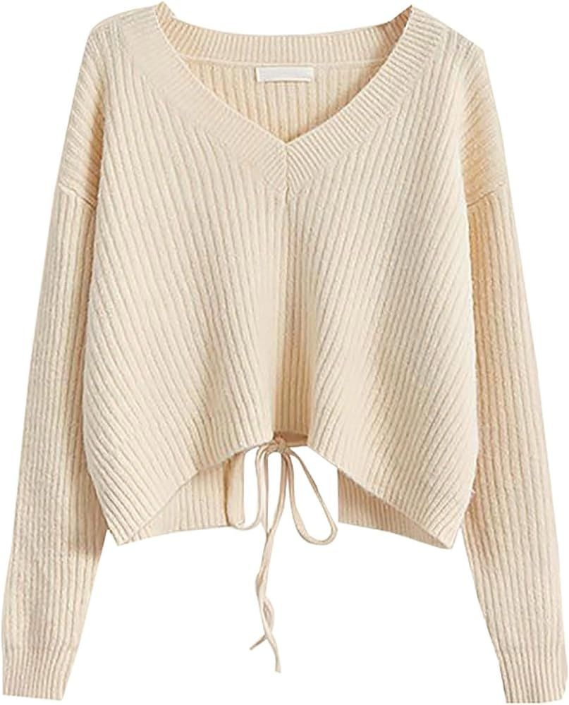 Winter Sweater Women's Solid Color French Pullover Sweater Women's Tie Up Short | Amazon (US)