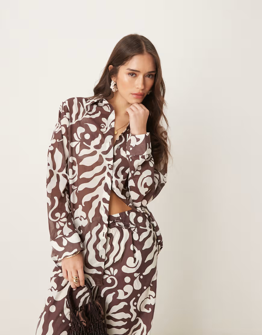 Mango abstract botanical print long sleeve shirt in brown - part of a set | ASOS (Global)