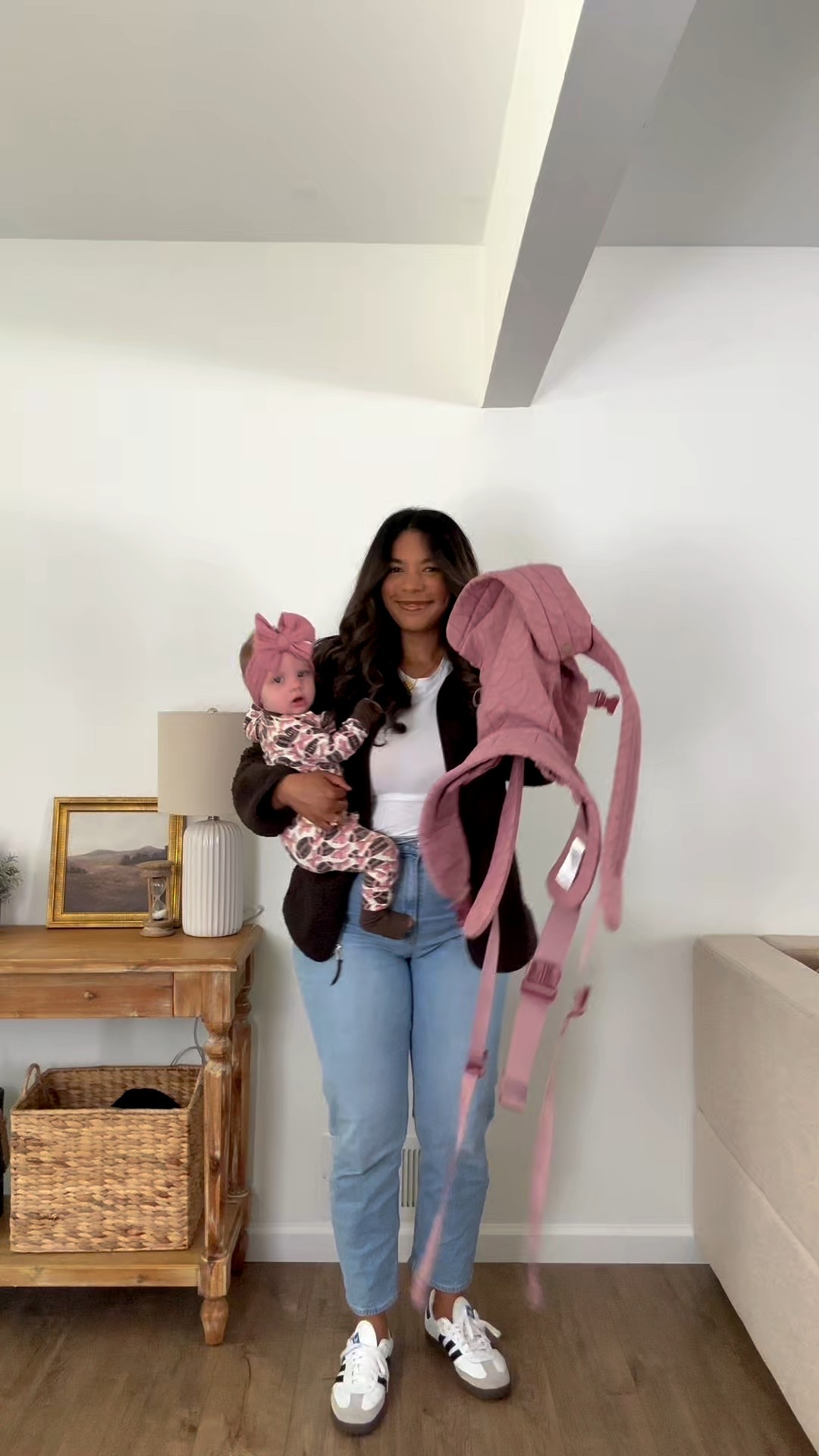 Baby wearing jacket!  Casual style! Outfit inspo new mom must have wearing size medium! Baby girl! Baby boy- must have! Abercrombie curve love ankle straight jeans 