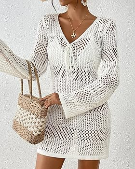 Bsubseach Women Swimsuit Crochet Coverup Long Sleeve V Neck Beach Knit Bathing Suits Cover Ups Me... | Amazon (US)