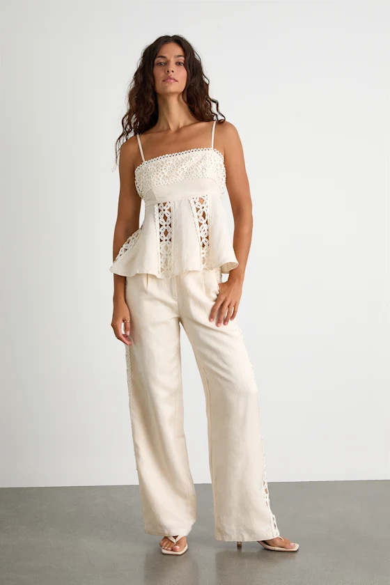 Vannah Ivory Linen Crochet Lace Wide-Leg Pants | Lulus