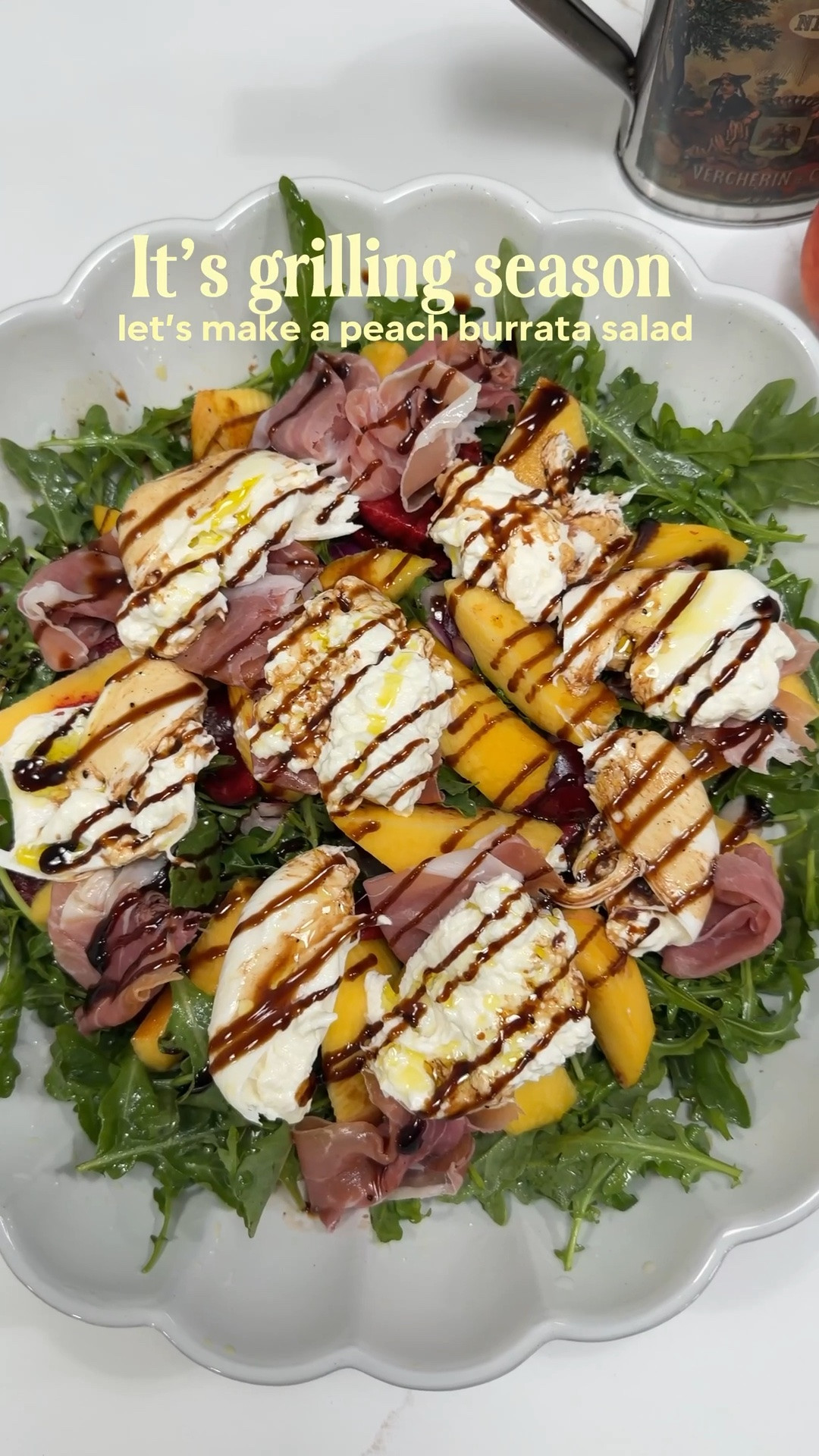 Here you go!! 🍑🤍 This Peach Burrata Salad is one of my favorite summer recipes.  It’s fresh, simple, and always a crowd favorite. Save this for your next get-together! 

Peach Burrata Salad 🍑✨

Ingredients

* 2 ripe peaches, sliced
* 8 oz burrata cheese
* 4–5 cups arugula (or spring mix)
* 1/4 cup prosciutto (optional)
* Roughly chopped onions & cherries
* Balsamic glaze
* Extra virgin olive oil
* Flaky sea salt

Directions

1. Add the arugula to a large serving platter or bowl.
2. Massage the arugula with olive oil & sea salt. 
3. Add in roughly chopped red onions & cherries. 
4. Arrange the sliced peaches around the greens.
5. Add the prosciutto
6. Tear the burrata into pieces and place it in the center.
5. Drizzle with olive oil, a generous drizzle of balsamic glaze. 

Serve immediately with toasted sourdough or a crusty baguette for the perfect summer appetizer or light lunch!

Enjoy! 🍑🧀

#LTKfoodie #LTKdayinmylife #LTKvlog