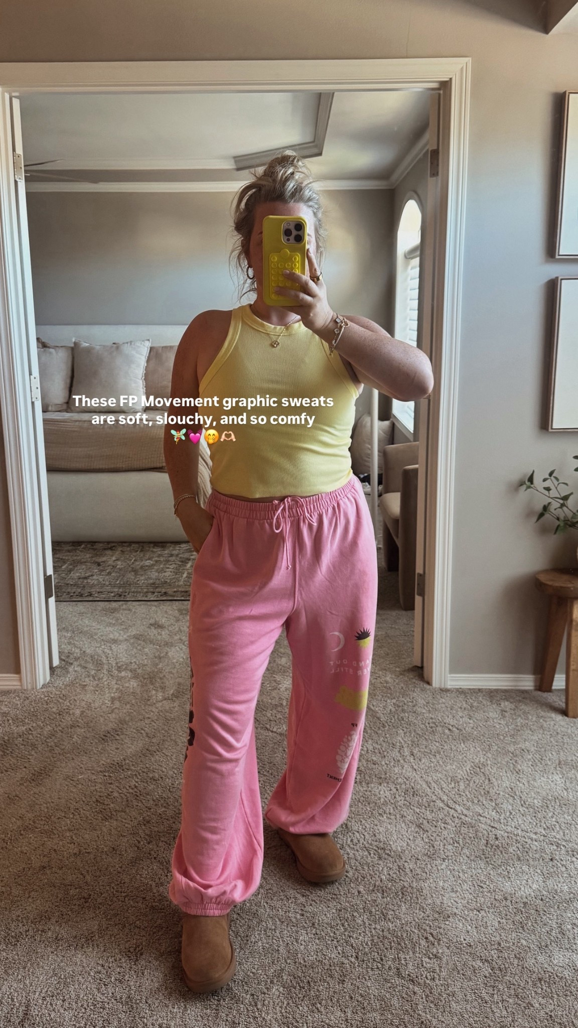 Free people sweats super comfy and slouchy! I’m wearing a size large. Kohls tank for under $10. New classic micro Uggs (new this season, just released) in the color chestnut. 