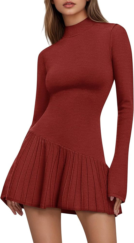 Women's Sweater Dress Crochet Ribbed Knit Ruffle Hem Flared Long Sleeve Mock Neck Mini Dress | Amazon (US)