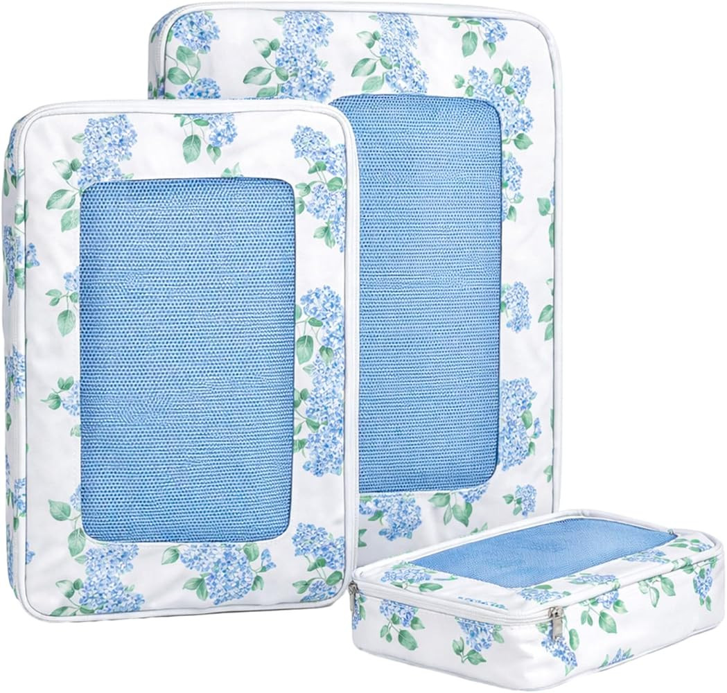 3 Set Blue Floral Compression Packing Cubes for Travel Small Medium Large Luggage Packing Organiz... | Amazon (US)
