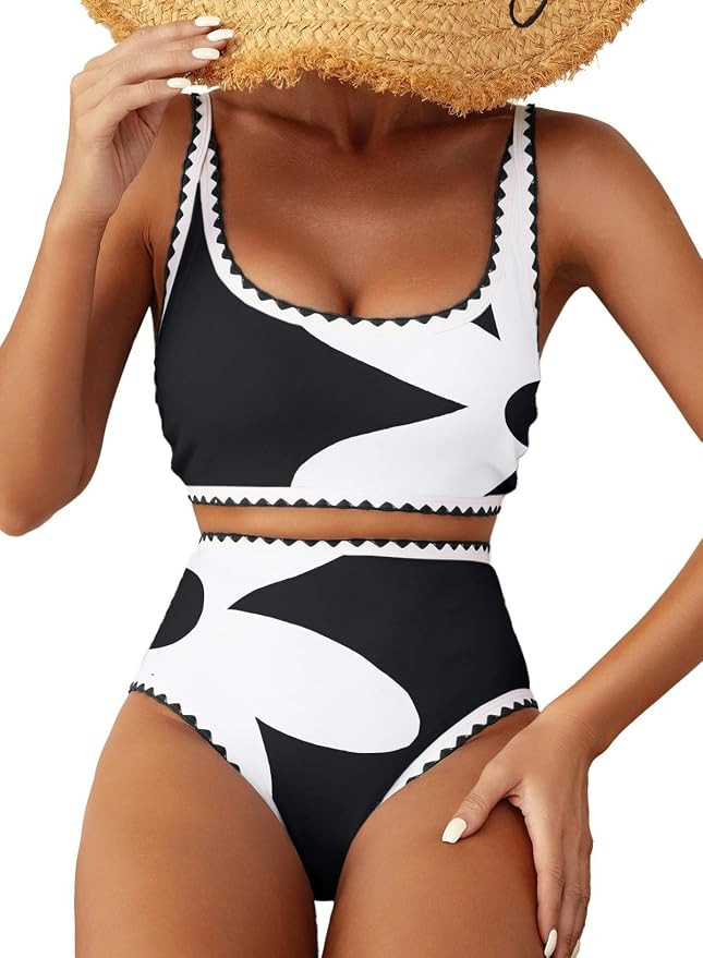 Herseas Women's Bikini Sets Floral Print Whip Stitch 2 Piece Swimsuits High Waisted Scoop Bathing... | Amazon (US)