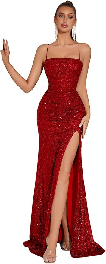 Elegant Evening Dress Women Party Long Formal Dress Sequined Strap Ladies Gown Bodycon Floor Leng... | Amazon (US)