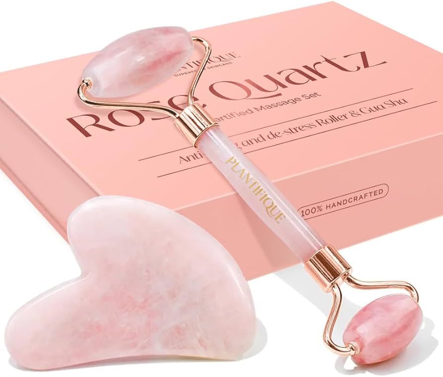 Rose Quartz Face Roller and Rose Quartz Gua Sha Set - Certified Rose Quartz Roller and Gua Sha Se... | Amazon (US)