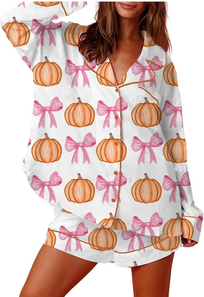 Awoscut Womens Halloween Pajamas Sets 2 Piece Pjs Lounge Set Short Sleeve Button Down Top and Sho... | Amazon (US)