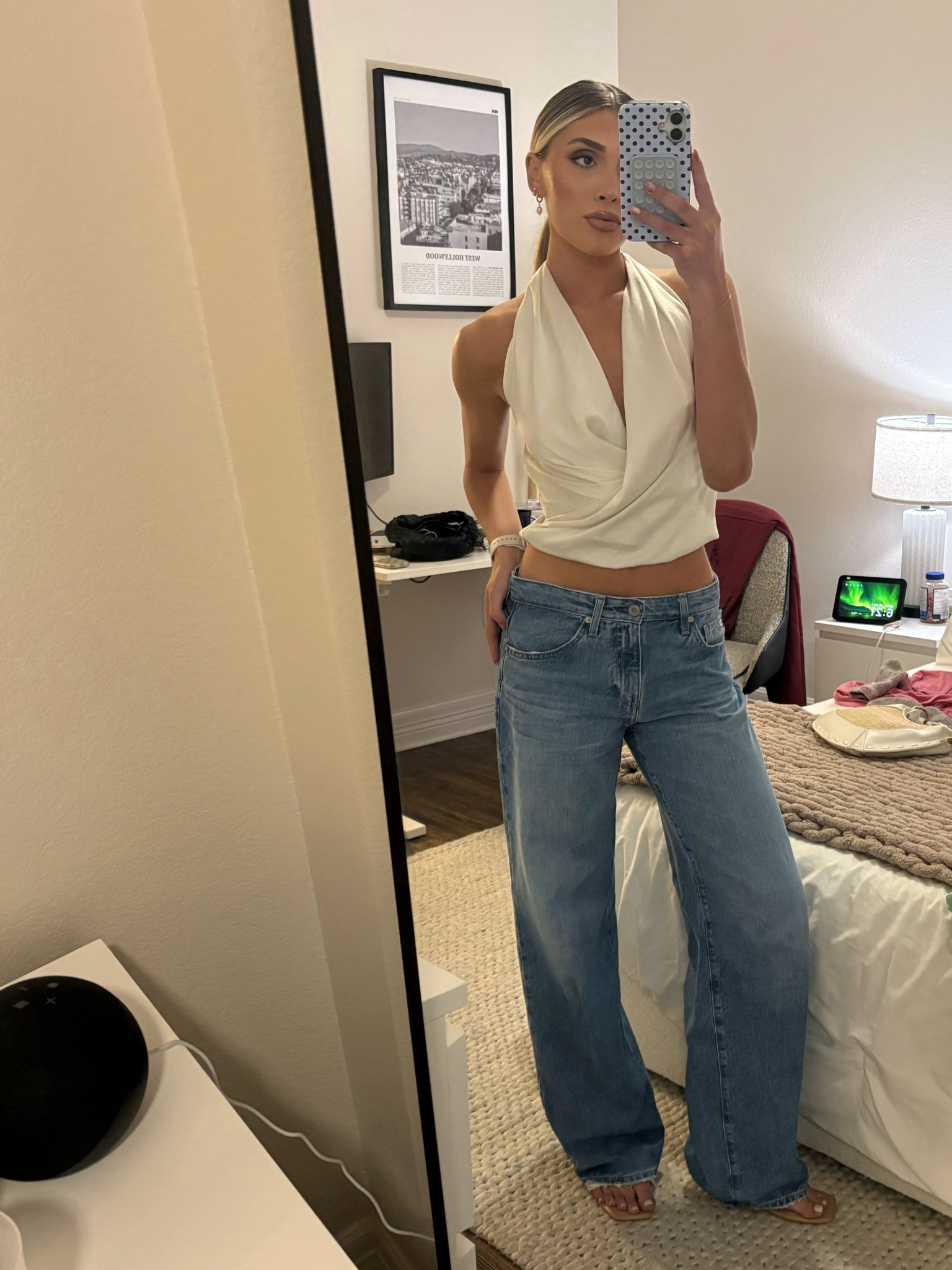 outfit of the night! silk satin white halter neck top (wearing a 2xs), AG low rise jeans that I wear constantly & nude sandals.

#LTKootd #LTKgrwm