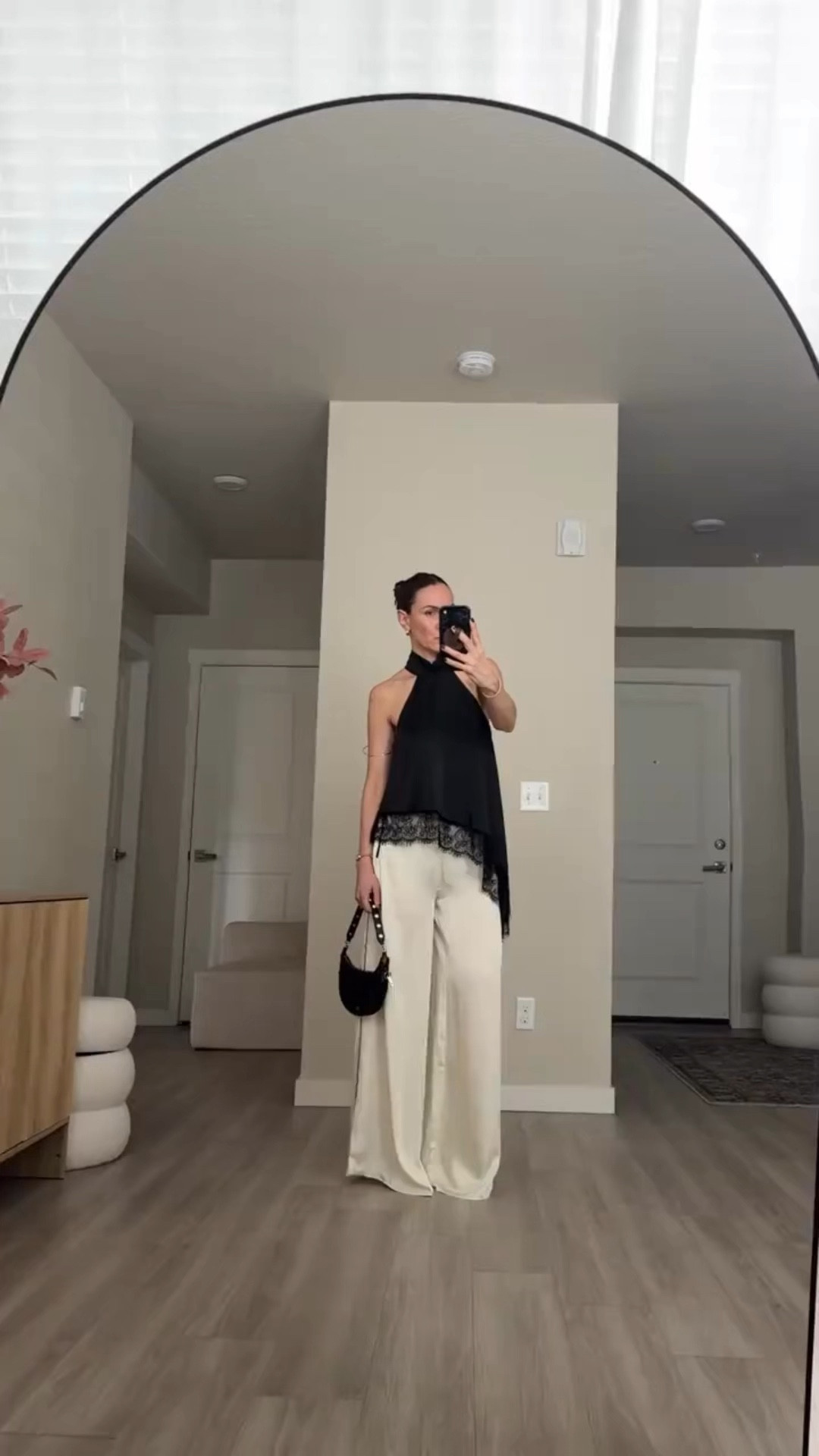 Wide leg satin pants 
Lace top
Going out outfit
As seen in TikTok 