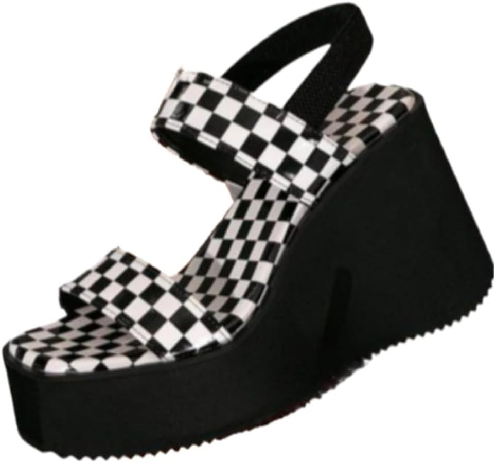 Women's Checkered Pattern Platform Heels Sandals Trendy Slip on Wedge Sandals Chic All-match Shoe... | Amazon (US)