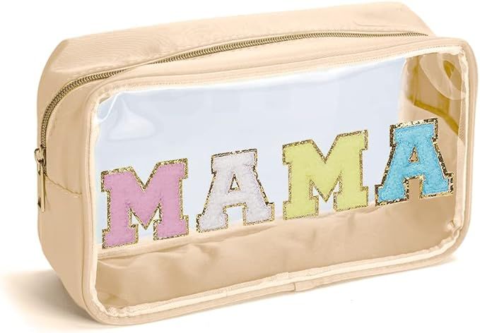 Chenille Letter MAMA Cosmetic Bag Clear PVC Makeup Waterproof Poucher Cosmetic Preppy Patch Tote ... | Amazon (US)