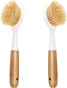 2 Pack Kitchen Dish Brush Bamboo Handle Dish Scrubber Built-in Scraper, Scrub Brush for Pans, Pot... | Amazon (US)
