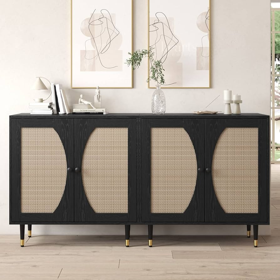 Black Sideboard Buffet Cabinet with Handmade Natural Rattan Doors, Rattan Accent Cabinet Kitchen ... | Amazon (US)