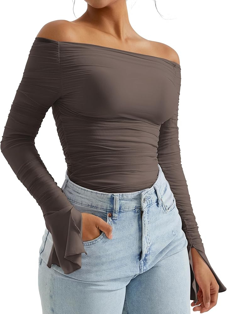 OMKAGI Women Long Sleeve Tops Boat Neck Off Shoulder Shirts Fitted Going Out Y2K Crop Top | Amazon (US)
