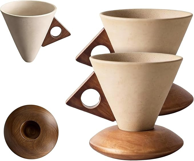 Elegant Conical Coffee Cup, Retro Ceramic Mug with Solid Wood Handle & Coaster, Creative Aestheti... | Amazon (US)