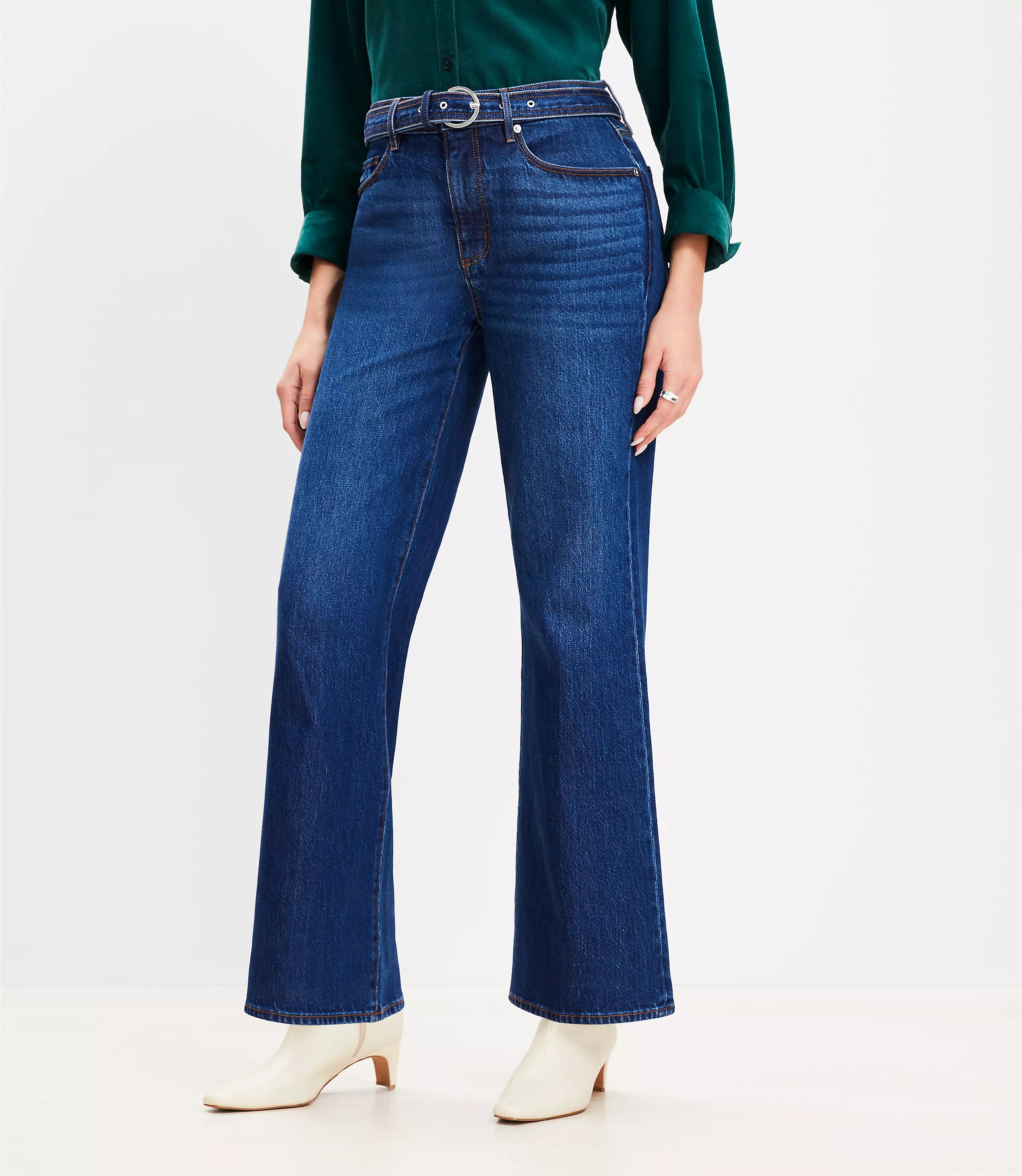 Curvy High Rise Belted Wide Leg Jeans in Dark Authentic Indigo Wash | LOFT