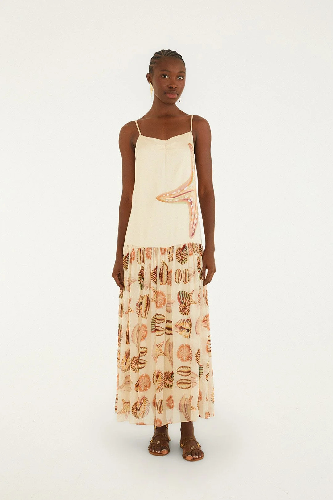 Sand Marine Shells Pleated Sleeveless Maxi Dress | FARM Rio | FarmRio (US)