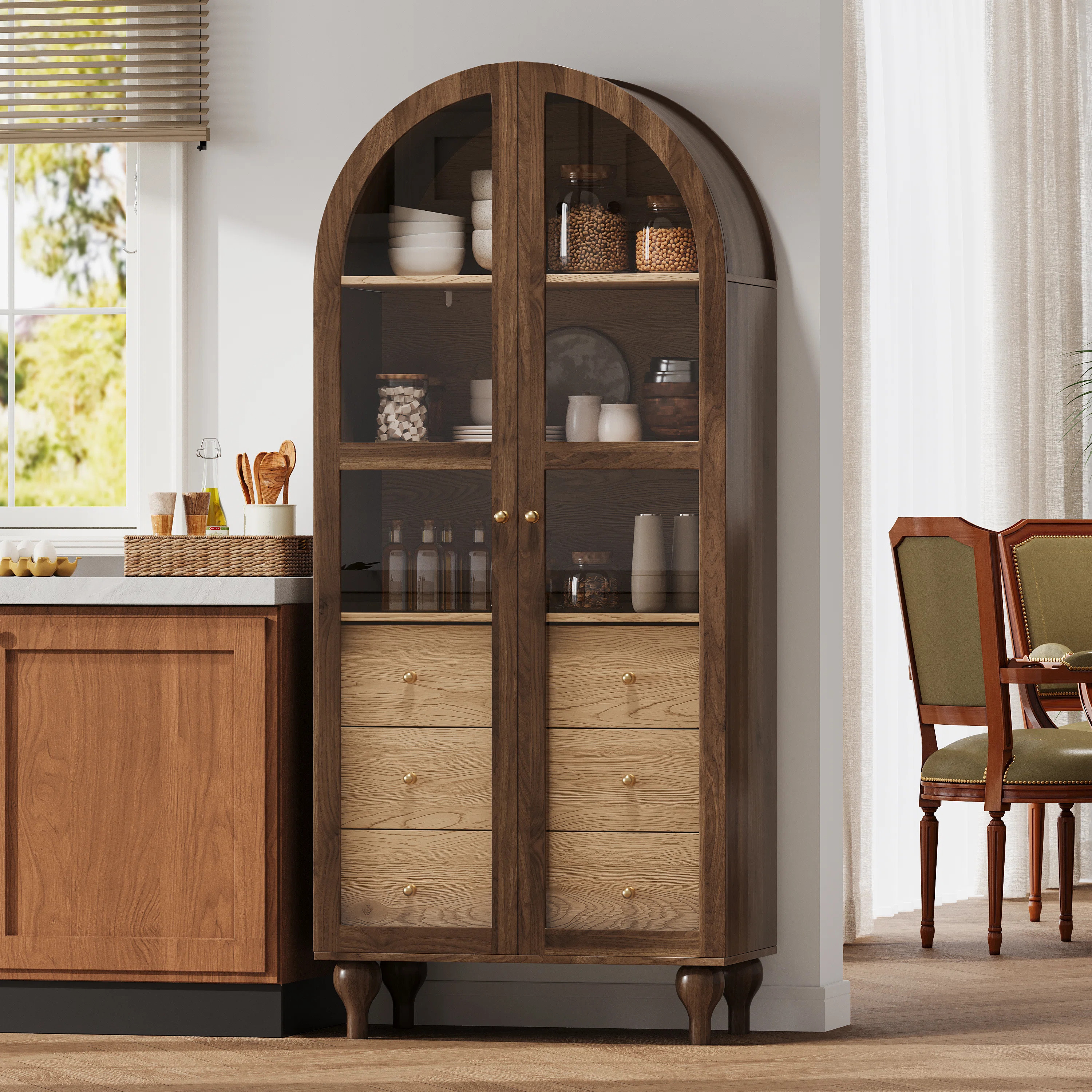 Ansley 69" Tall Arched Kitchen Pantry Cabinet with Adjustable Shelves, Drawers & Tempered Glass D... | Wayfair North America