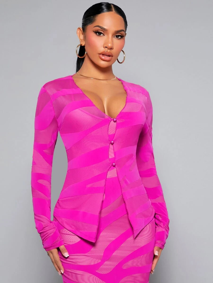 SHEIN SXY Striped Print Button Front Mesh Top | SHEIN