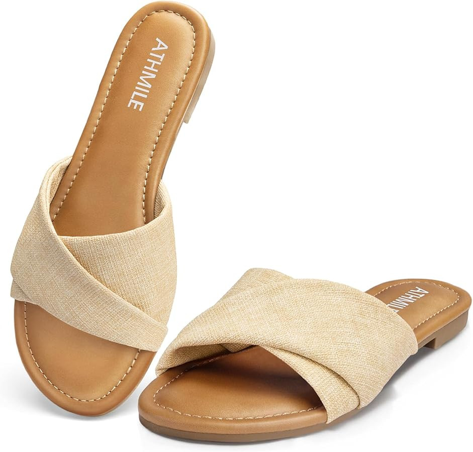 Amazon.com | ATHMILE Sandals Women Dressy Summer Flat Comfortable Fashion Beach Cute Ladies Slide... | Amazon (US)