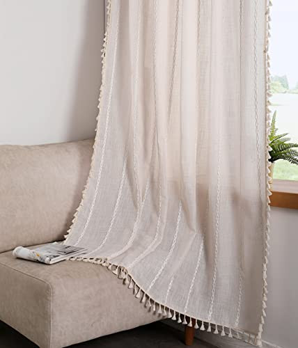 RoomTalks Boho Beige Curtains for Bedroom Living Room 84 Inch Length French Country Modern Farmhouse Cotton Window Curtain Panels Embroidery Striped Bohemian Tassel Draperies, 84’’L x 52’’W | Amazon (US)
