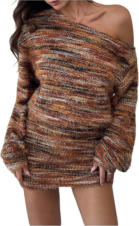 SHENHE Women's Fuzzy Marled Knit Sweater Dress Asymmetrical Neck Long Sleeve Mini Dresses | Amazon (US)