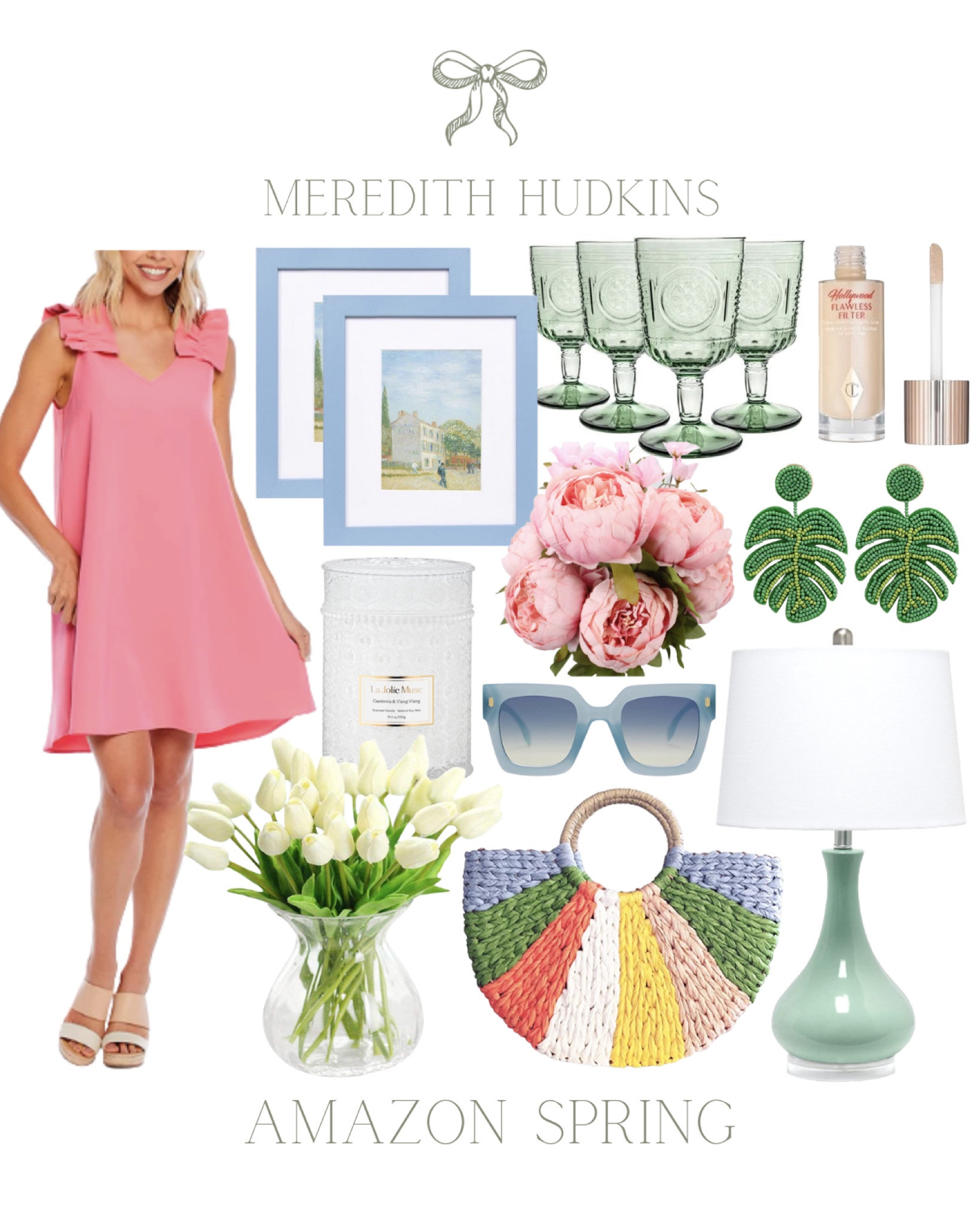 Spring fashion, summer fashion, ootd, pink dress, womens sunglasses, faux flowers, tulips, spring decor, blue picture frames, blue and white home, coastal home, palm leaves, earrings, woven purse, candle, green table lamp, sage, peony, drinking glasses, home decor, Amazon, 

#LTKSeasonal #LTKhome #LTKsalealert