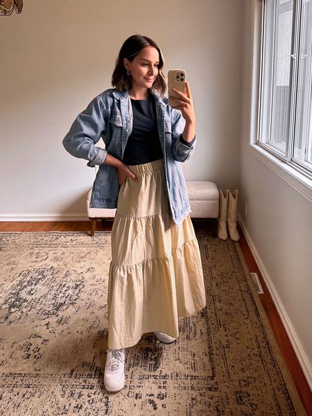 Fall outfit idea for the office: maxi skirt with white sneakers, tuckable long sleeve shirt and denim jacket. 

#LTKstyletip #LTKfindsunder100 #LTKSeasonal
