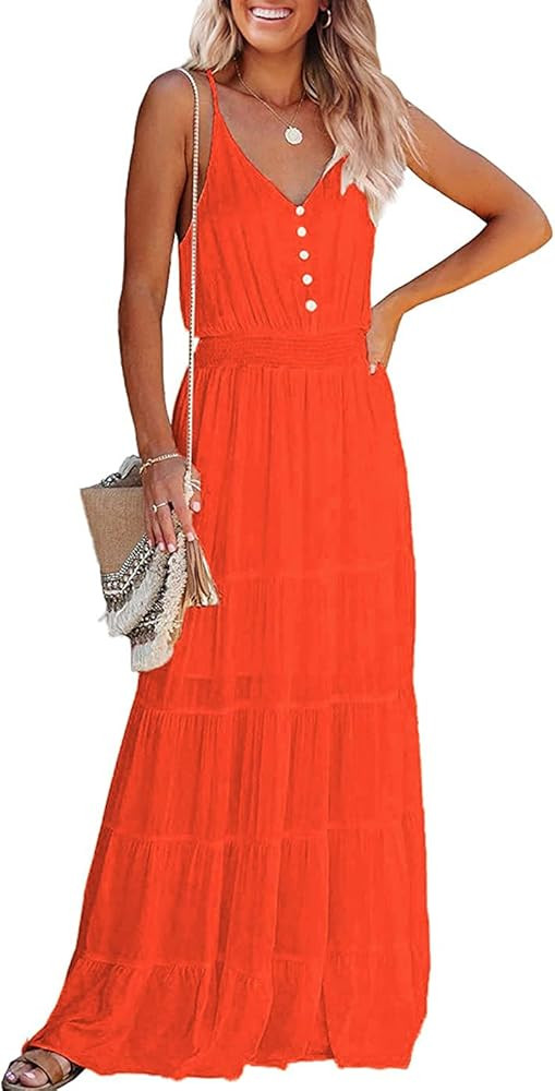 PRETTYGARDEN Women's Causal Summer Dress Spaghetti Strap Sleeveless High Waist Beach Long Maxi Dress | Amazon (US)